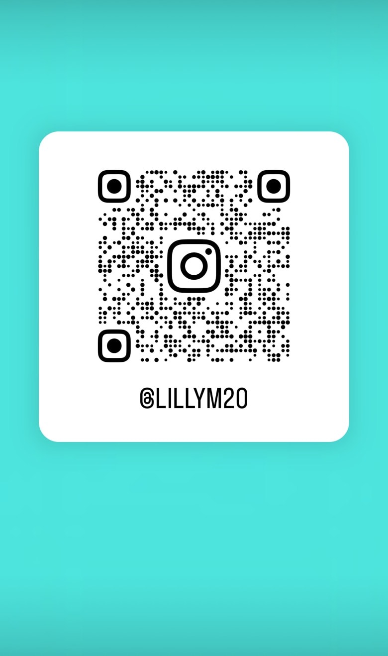 A QR code is displayed on a light blue background, featuring black squares arranged in a square pattern. The code directs users to the Instagram profile @LILLYM20, indicated below the QR code in a bold, clear font.