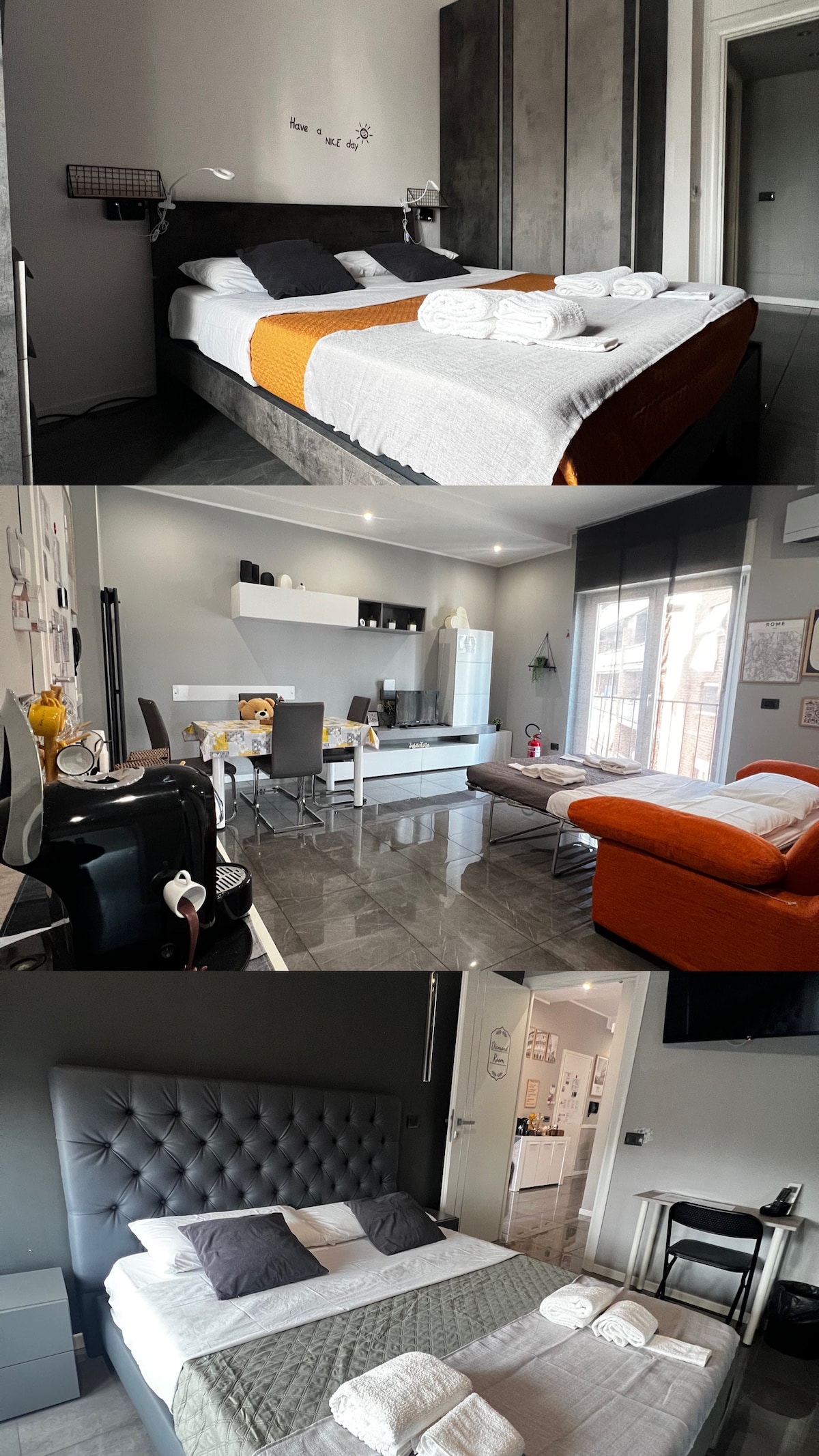 The image showcases two elegant bedrooms and a stylish living area. Each bedroom features a spacious bed, complemented by cozy linens and decorative accents. The living area includes a modern dining table and an inviting sofa, with natural light streaming through large windows.