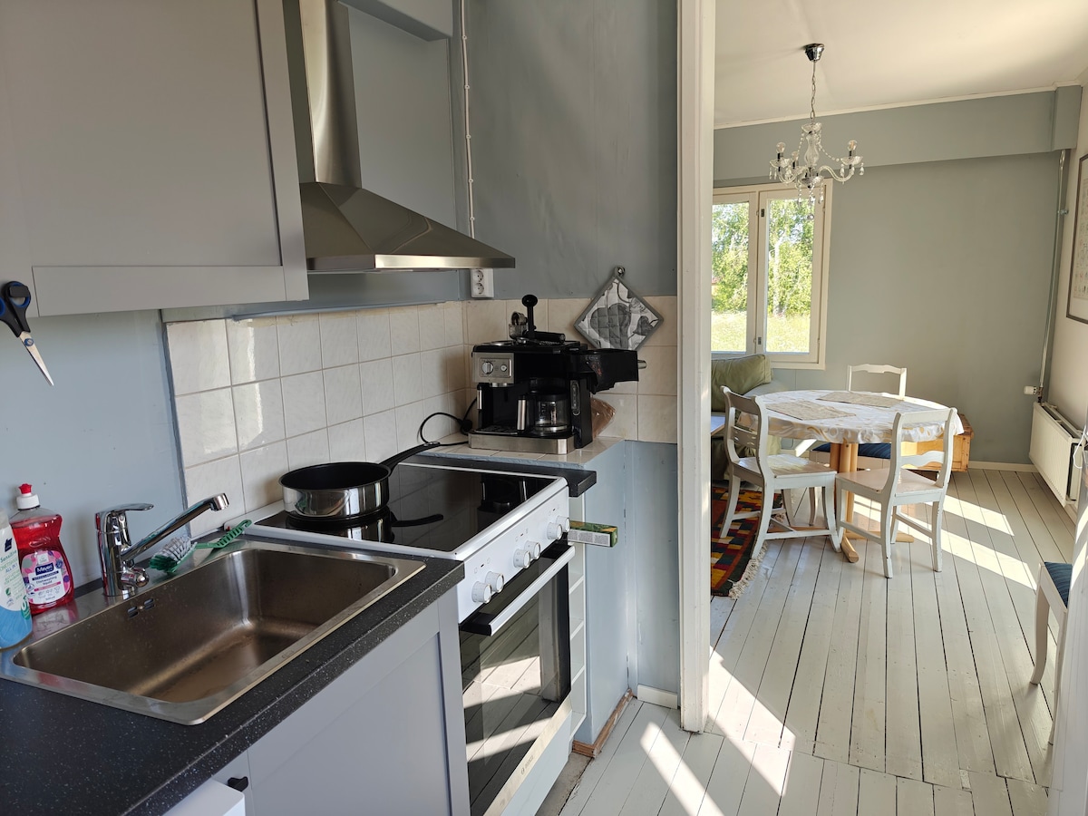 A modern kitchen is equipped with stainless steel appliances, including an oven and a stovetop. Natural light floods the space through a window, illuminating the sleek countertops and cabinetry. An adjoining dining area features a table and chairs, creating a welcoming space for meals.
