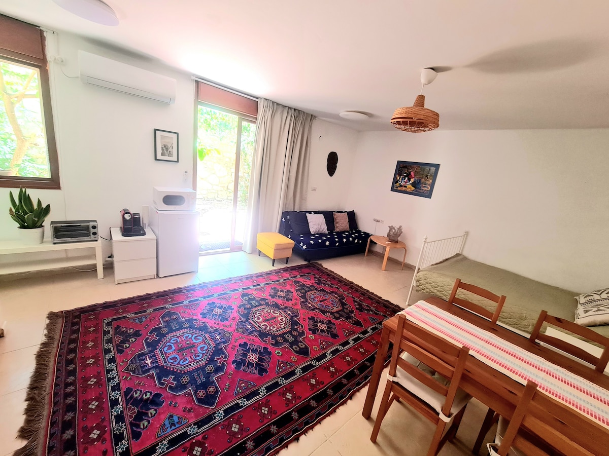 A spacious studio unit is shown, featuring a mix of seating options including a dark sofa and a light daybed. A vibrant area rug adds color to the floor. Natural light floods the space through sliding doors, which lead to an outdoor area, enhancing the open feel.