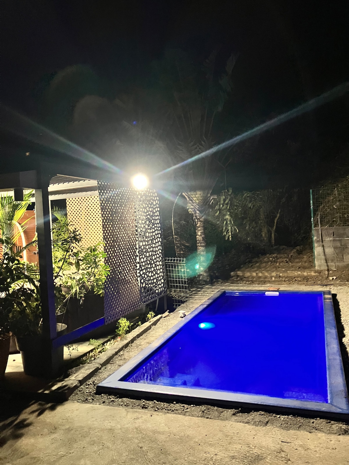 A serene swimming pool is illuminated at night, showcasing a tranquil blue hue. Surrounding vegetation includes palm trees and potted plants, creating a calm outdoor space. The area is well-lit, highlighting the structure's nearby features, and offering a peaceful ambiance for relaxation.