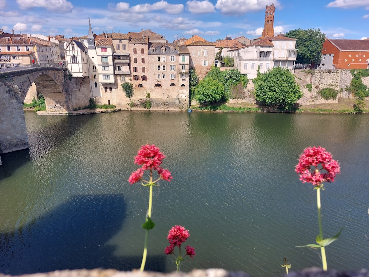 A view of the Lot River reflects the calm water surrounded by charming buildings that line the shore. Vibrant flowers in the foreground add a touch of color, while a stone bridge connects the two banks. The scene is complemented by a tower in the distance.