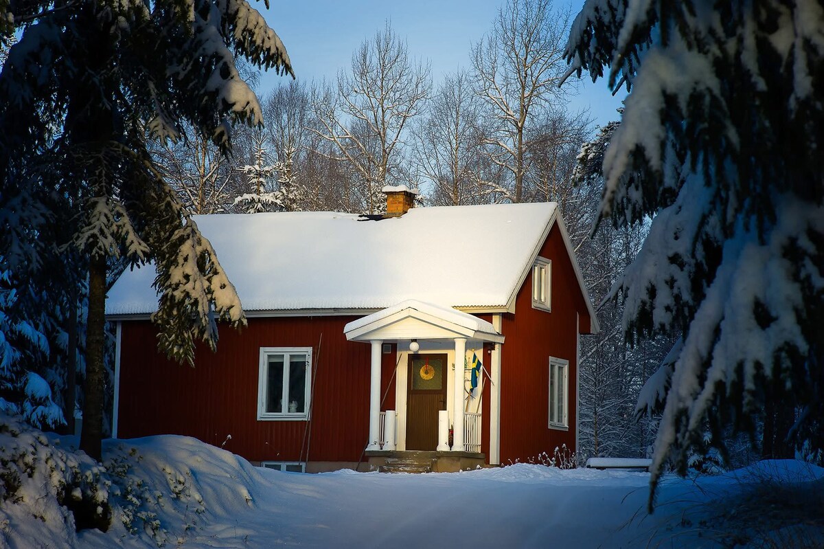 A charming red cabin is surrounded by a serene winter landscape, blanketed in fresh snow. Tall trees frame the entrance, where a welcoming porch is visible. Soft sunlight bathes the exterior, highlighting the white trim and windows.
