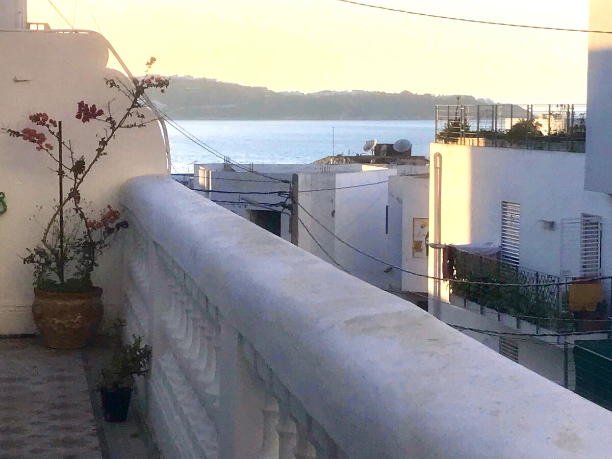 The balcony offers a view of the water, framed by white buildings and lush greenery. A flowering plant in a pot adds color to the scene, while the distant coastline is softly illuminated by the setting sun.
