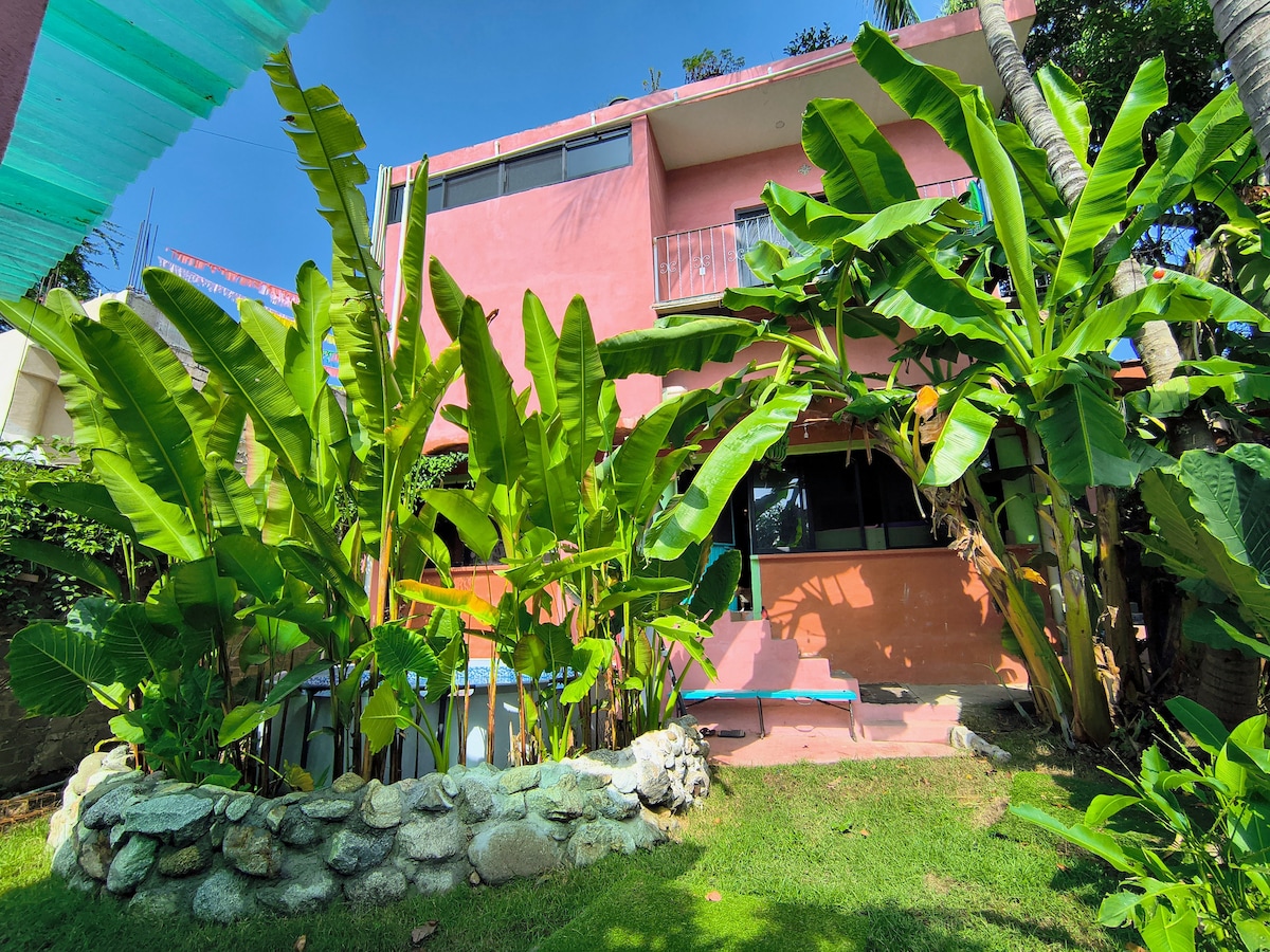 A vibrant exterior view of the villa reveals lush greenery and tall banana plants surrounding a stone-bordered yard. Bright pink walls contrast with the greenery, while large windows invite natural light. A sun lounger is positioned to enjoy the serene outdoor space.