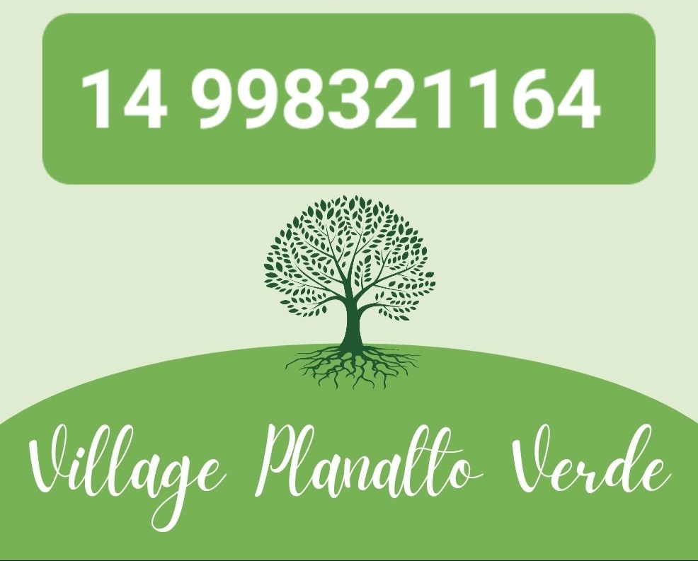The image features a simple green background with white text displaying the phone number '14 998321164' and the name 'Village Planalto Verde' beneath a stylized tree. The design emphasizes a natural theme with organic forms.