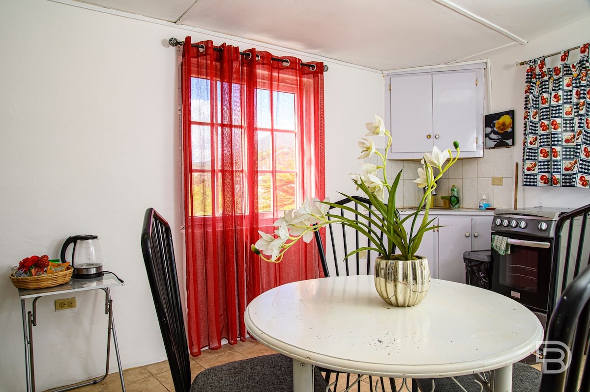 A dining area features a round white table with a floral centerpiece, surrounded by black chairs. Sunlight filters through a red curtain hung at a window, illuminating the space. A small kitchenette is visible in the background, equipped with basic cooking amenities.