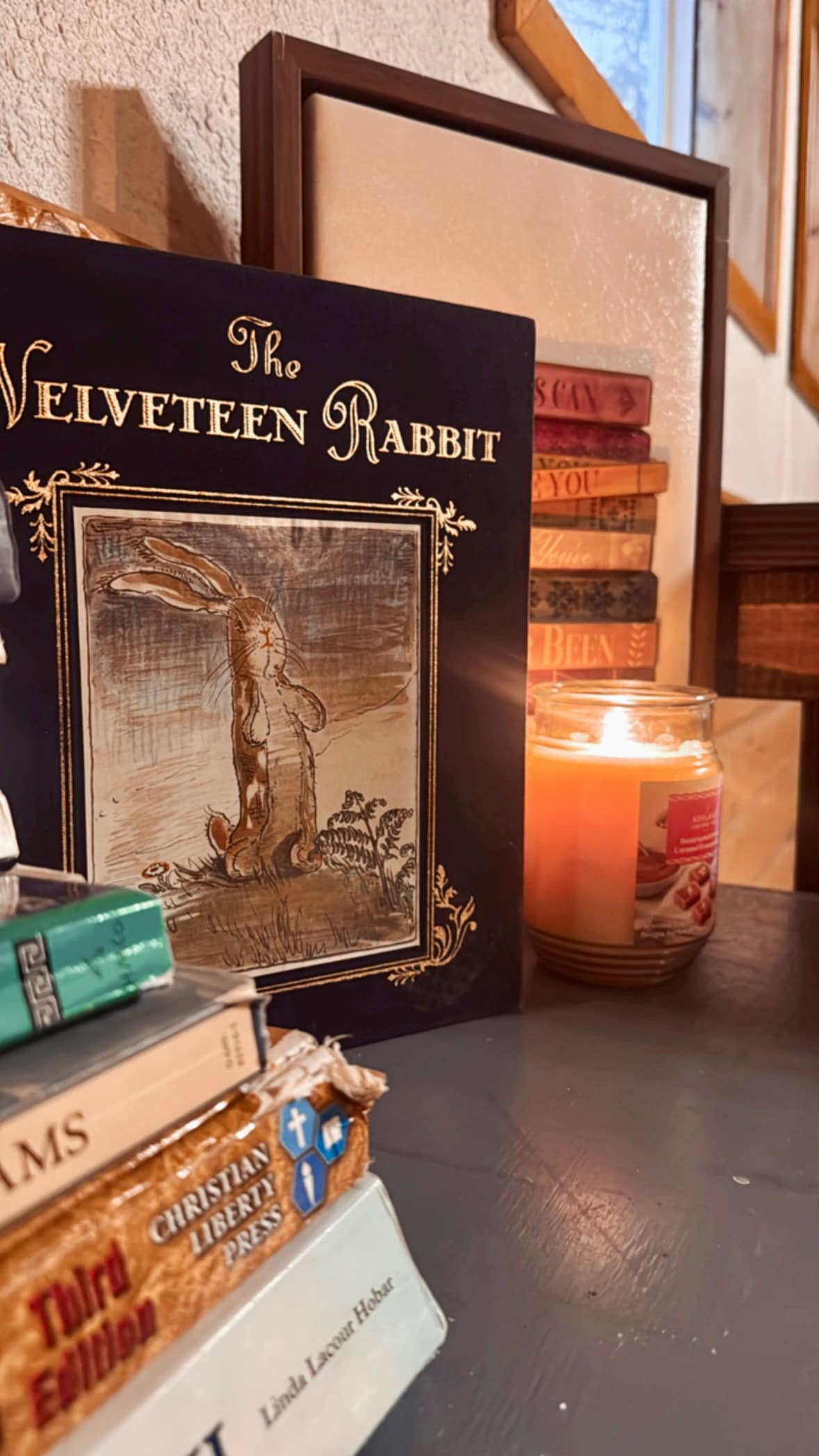 A collection of books is arranged on a dark surface, featuring a prominently displayed edition of 'The Velveteen Rabbit.' A lit candle adds a soft glow nearby, enhancing the cozy ambiance. Books of various sizes and colors are stacked in the background.