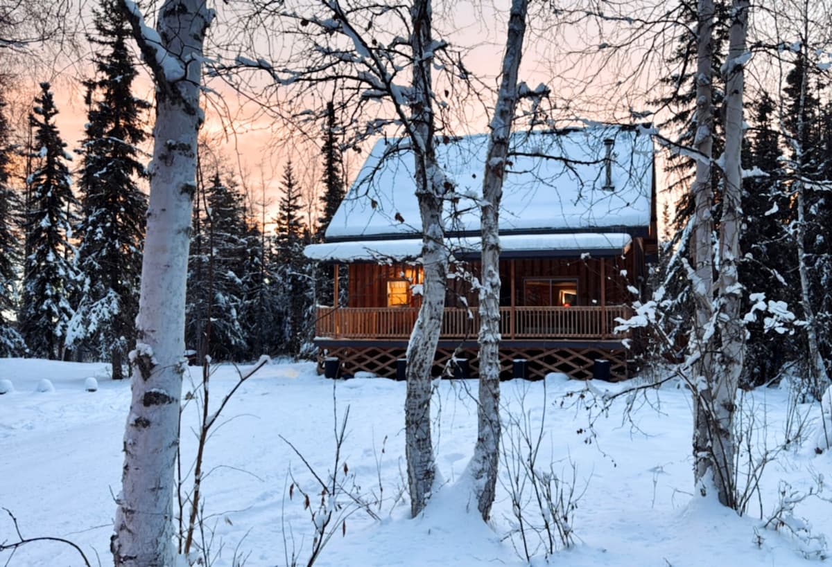 A rustic log cabin sits amidst a snowy landscape, framed by tall birch trees. The structure features a covered porch with warm light emanating from the windows, contrasting with the cold surroundings. The sunset casts a soft glow on the winter scene.