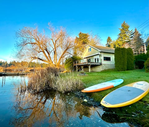 Stunning lake from cabin with dock and fire pit