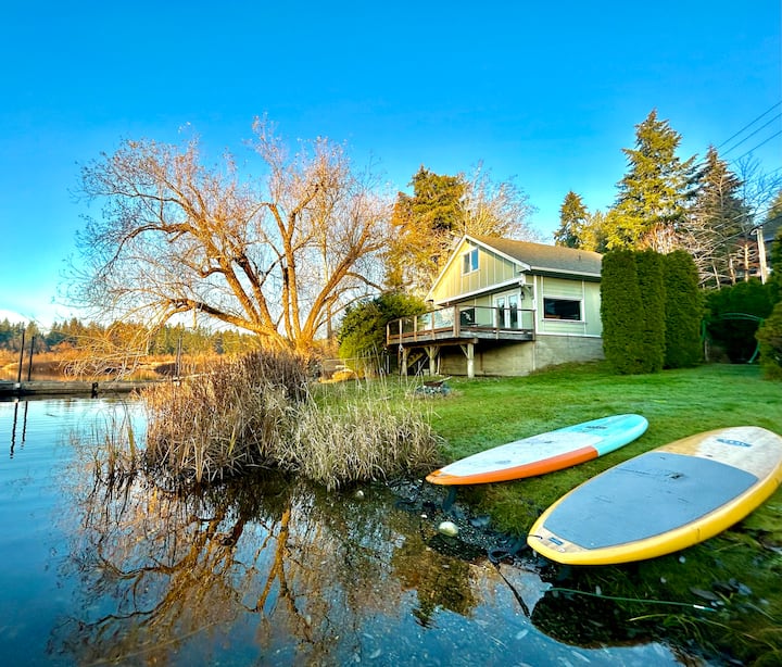 Stunning lake from cabin with dock and fire pit