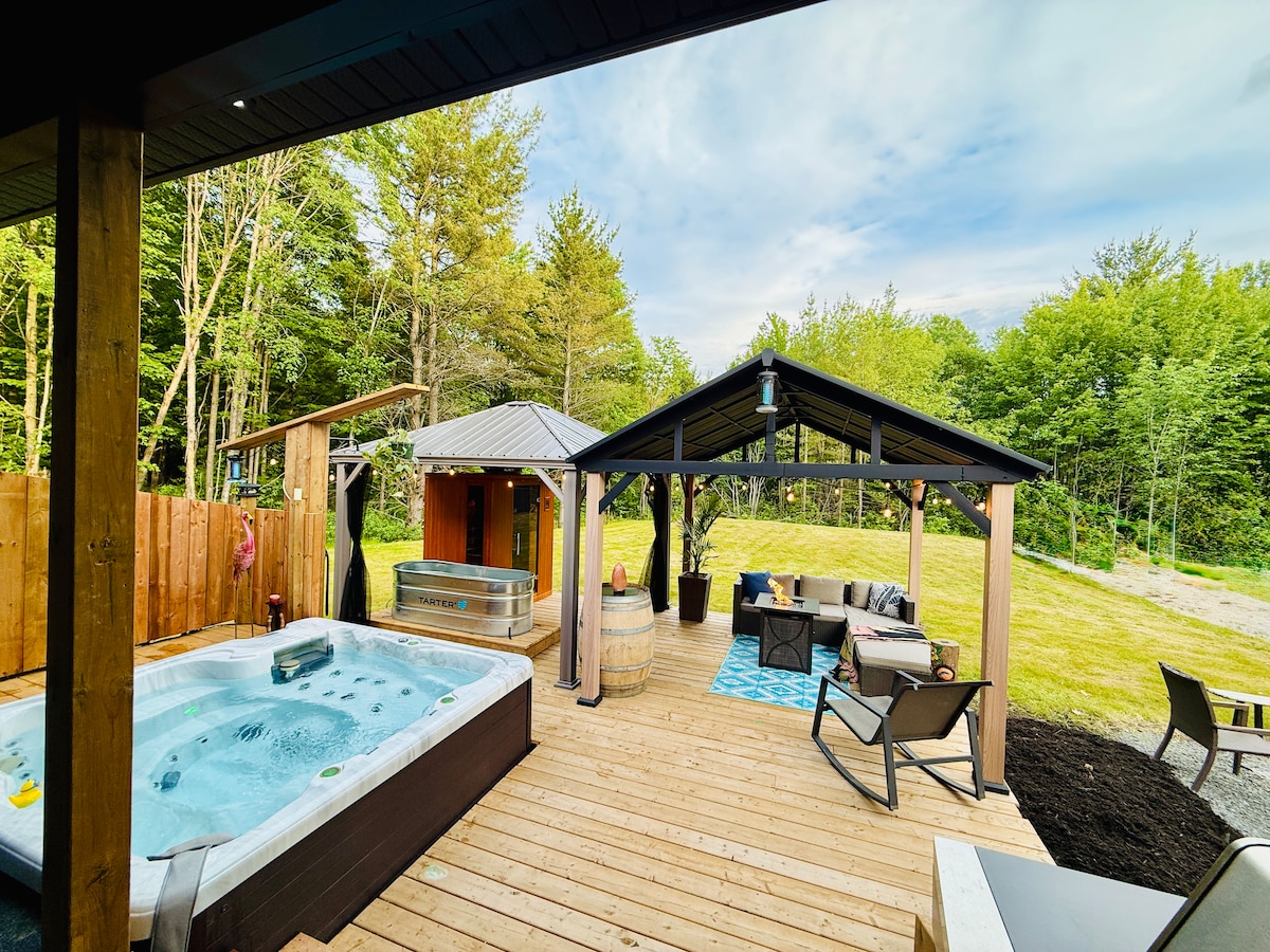 An outdoor area features a wooden deck with a hot tub, lounge seating under a sheltered structure, and a tiki bar nearby. Lush greenery surrounds the space, creating a tranquil setting. The sky is partly cloudy, contributing to a relaxed atmosphere.