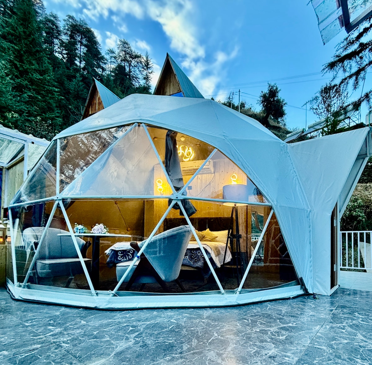 The geodesic dome structure features a transparent facade, allowing ample natural light to fill the interior. The spacious living area includes comfortable seating and a well-designed bedroom space, all set against a backdrop of lush greenery and distant mountains.