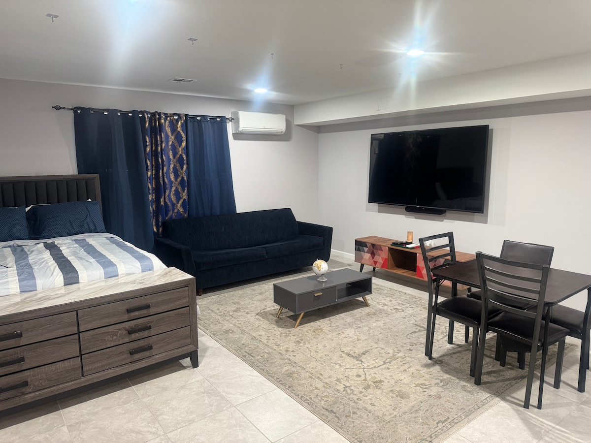 A modern studio space is highlighted, featuring a queen-size bed with striped bedding, a dark blue sofa, and a dining area with a table and four chairs. A large flat-screen TV is mounted on the wall, and natural light enters through a window covered by dark curtains.