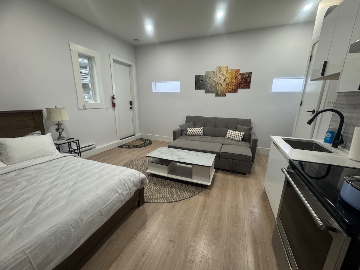 A modern one-bedroom suite features a spacious living area with a gray sectional sofa and a coffee table positioned on a decorative rug. A double-sized bed with white linens is visible, complemented by a bedside table and lamp. Natural light enters through two windows and a doorway.