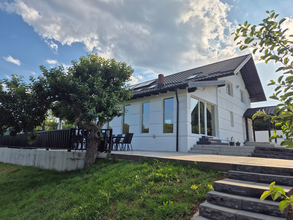 A modern house with a clean white exterior is framed by greenery and features large glass windows. A spacious patio with several chairs is visible, and steps lead up to the home from a grassy area, enhancing the inviting outdoor setting.