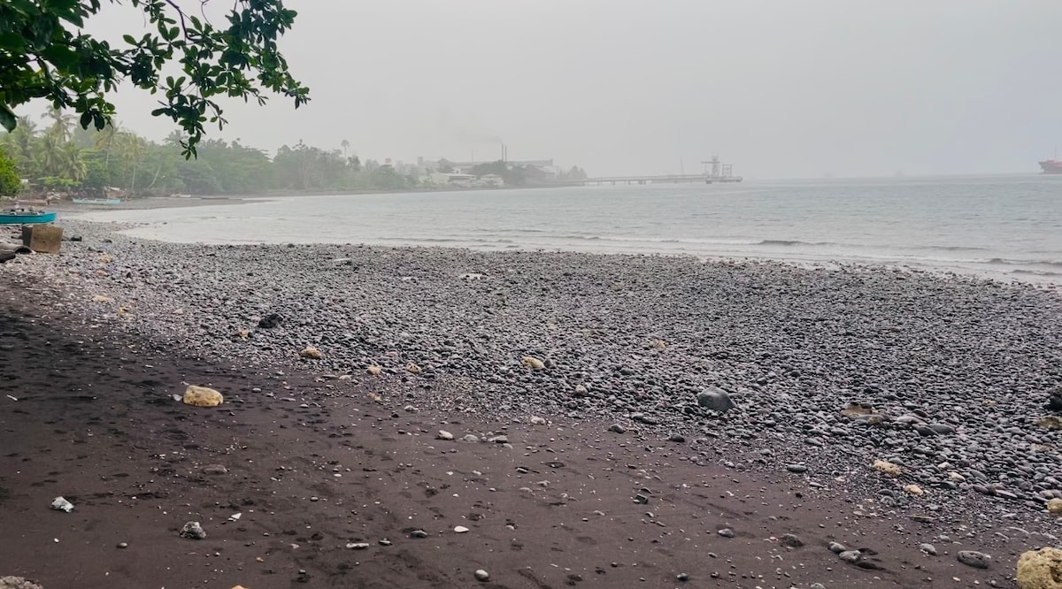 A smooth pebbled beach extends along the shoreline, leading to gentle waves lapping at the water's edge. Subtle grey skies hover above, while lush greenery can be seen in the background, completing the serene coastal scene.