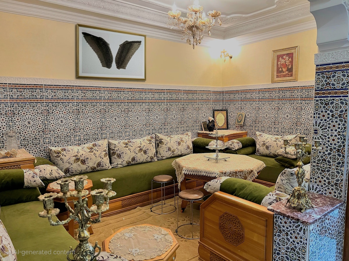 A spacious living area features traditional Moroccan seating with plush cushions and intricate zellige tile work. Soft lighting from a chandelier enhances the elegant details of the decor, while decorative tables offer a welcoming space for relaxation and socializing.