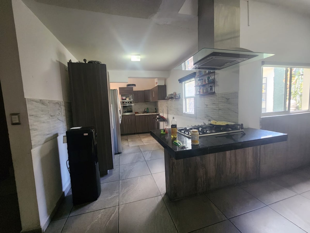 A spacious kitchen area features modern appliances, including a refrigerator and gas stove. Dark cabinetry contrasts with light countertops, while ample natural light enters through the large window, enhancing the openness of the space. A bustling atmosphere is suggested by the organized layout.