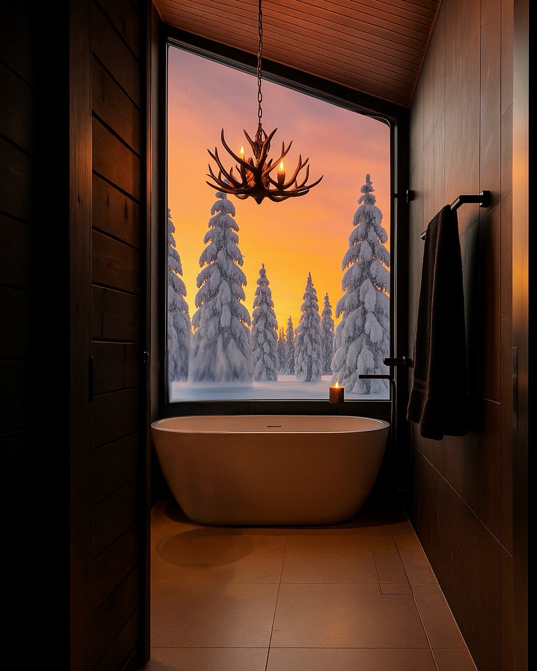 A modern bathroom features a freestanding bathtub positioned beside a large window. The view showcases snowy trees against an orange and purple sky. A candle sits nearby, and a towel is hanging on the wall, adding to the calming ambiance.