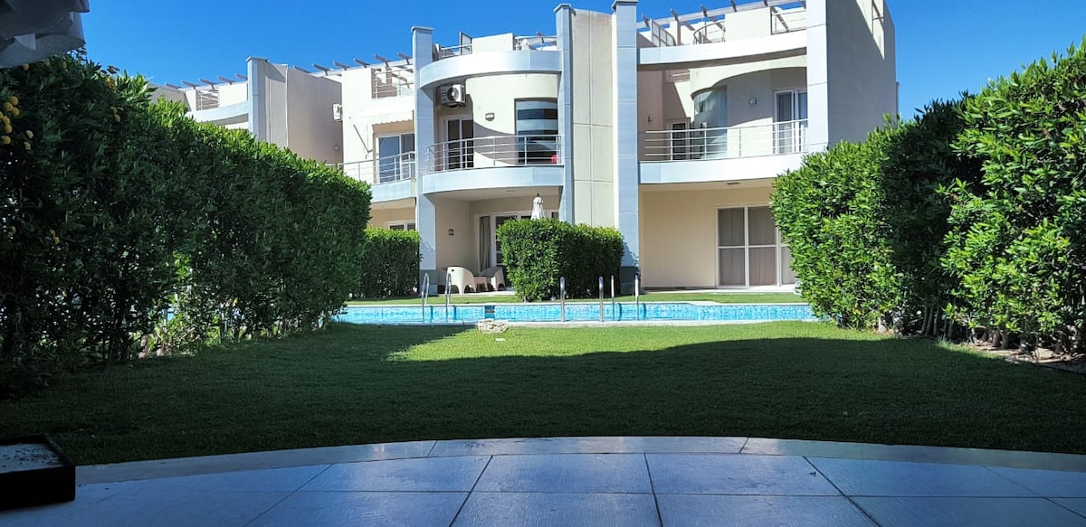 A spacious backyard area is shown, featuring a well-maintained lawn surrounded by lush green hedges. A private pool is visible, reflecting the clear sky, while shaded lounge chairs are positioned nearby, creating a serene outdoor space for relaxation.
