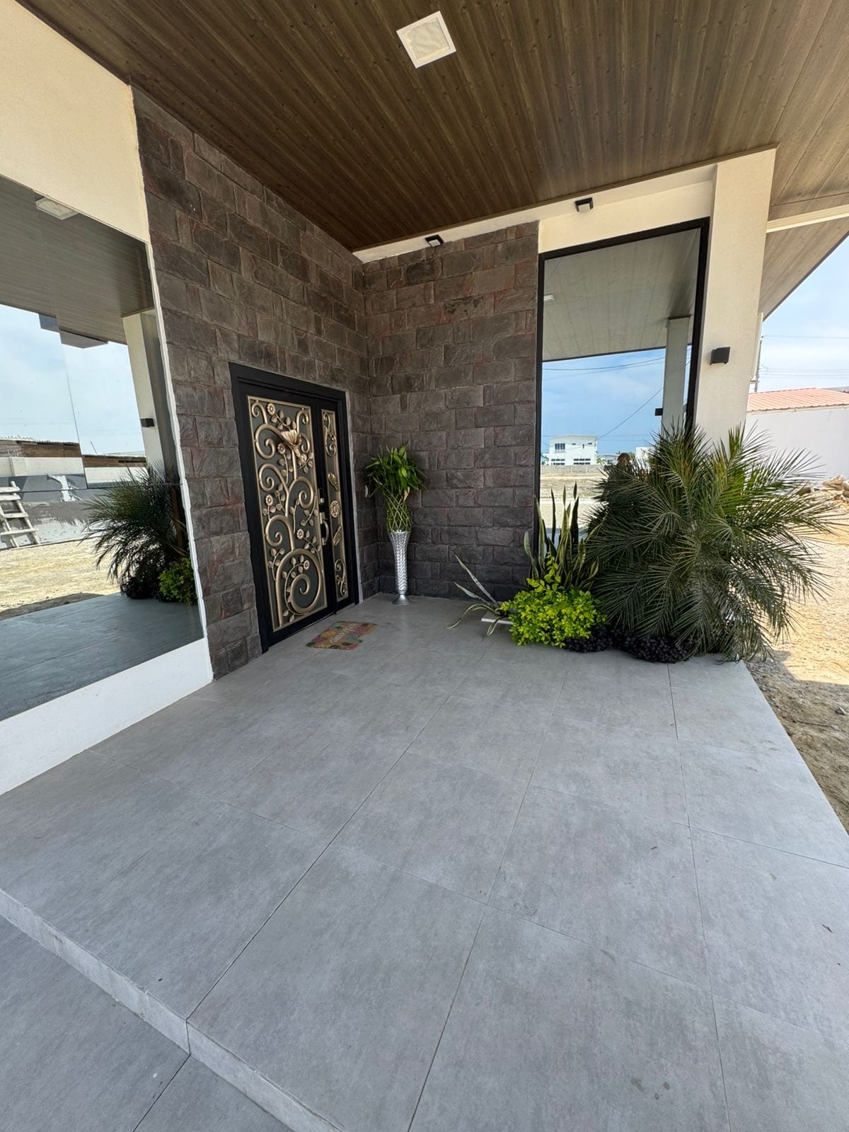 A spacious entrance area is showcased with a modern door featuring intricate ironwork. Lush potted plants are positioned on both sides, complemented by a clean, tiled floor and large glass panels, allowing natural light to enhance the space.