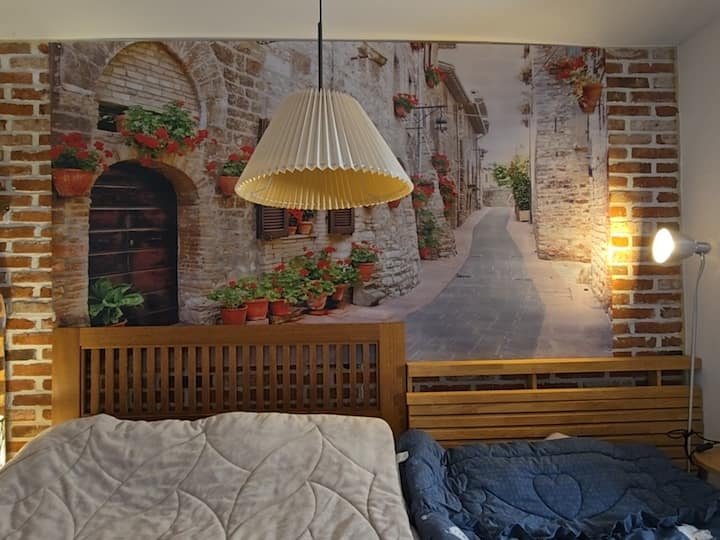 Chambre au 1er étage avec tapis en carbone simple de taille queen
