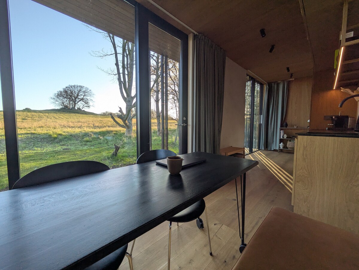 The interior space features a wooden table with black chairs, positioned in front of floor-to-ceiling glass doors that open to a scenic view. Natural light illuminates the area, highlighting the wooden accents throughout. A brown lounge chair is seen in the corner, enhancing the modern aesthetics.