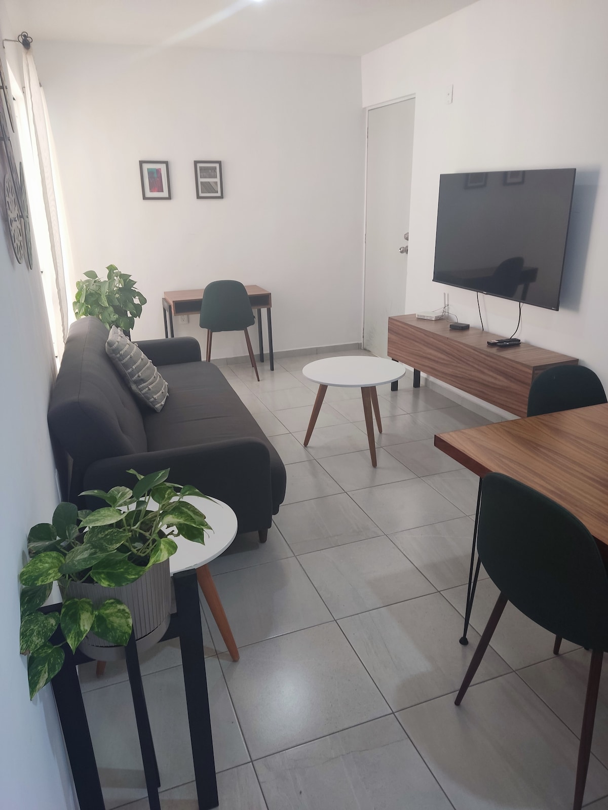 A comfortable living area is furnished with a dark sofa and two wooden tables surrounded by green chairs. A wall-mounted television is positioned across from the seating area. Natural light enters through the window, complemented by decorative plants in pots.