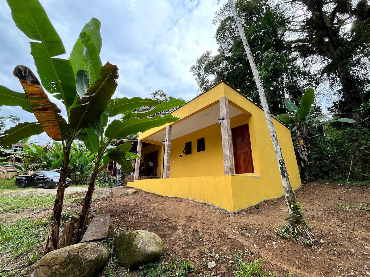 A vibrant yellow exterior of a house is showcased, framed by lush green banana plants. The structure features a porch with two wooden doors, inviting exploration. Natural greenery surrounds the area, connecting the home to its serene environment.
