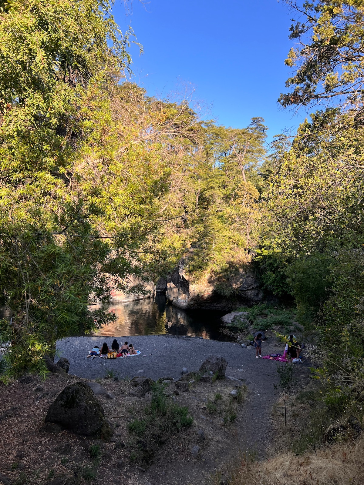 A serene riverside scene is captured, featuring a rocky shore surrounded by lush greenery. Groups of individuals can be seen enjoying the calm water and shaded areas, with trees framing the natural landscape under a clear blue sky.