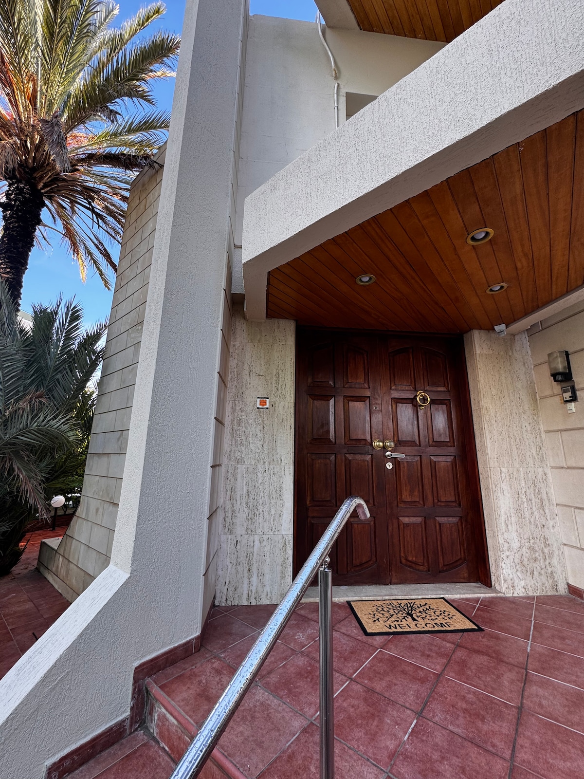 A wide entrance is framed by lush palm trees, leading to double wooden doors with decorative knocker. A tiled pathway is visible, complemented by wall lighting and a welcome mat. The overhead wooden panel offers a polished aesthetic to the entrance.