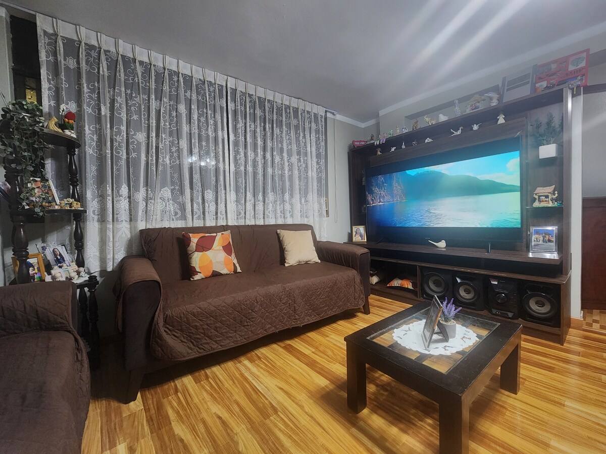 A cozy living area features two brown sofas, adorned with cushions. A large entertainment unit accommodates a flat-screen TV displaying a scenic landscape. A decorative coffee table sits in the center, complemented by wooden flooring and sheer white curtains letting in natural light.