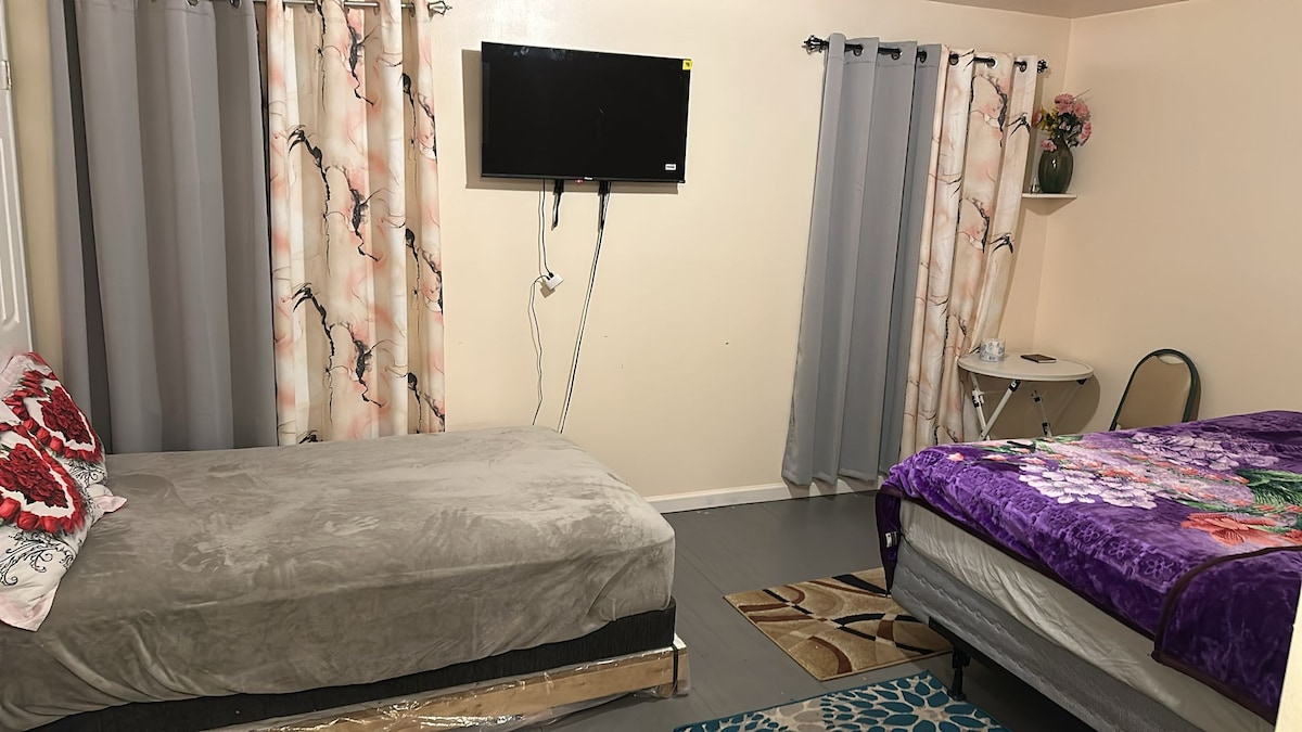 A private bedroom features two spacious beds, one covered with a vibrant purple blanket. A wall-mounted television is visible, with a small shelf displaying a floral arrangement. Soft gray curtains frame the windows, while a patterned rug adds texture to the floor.