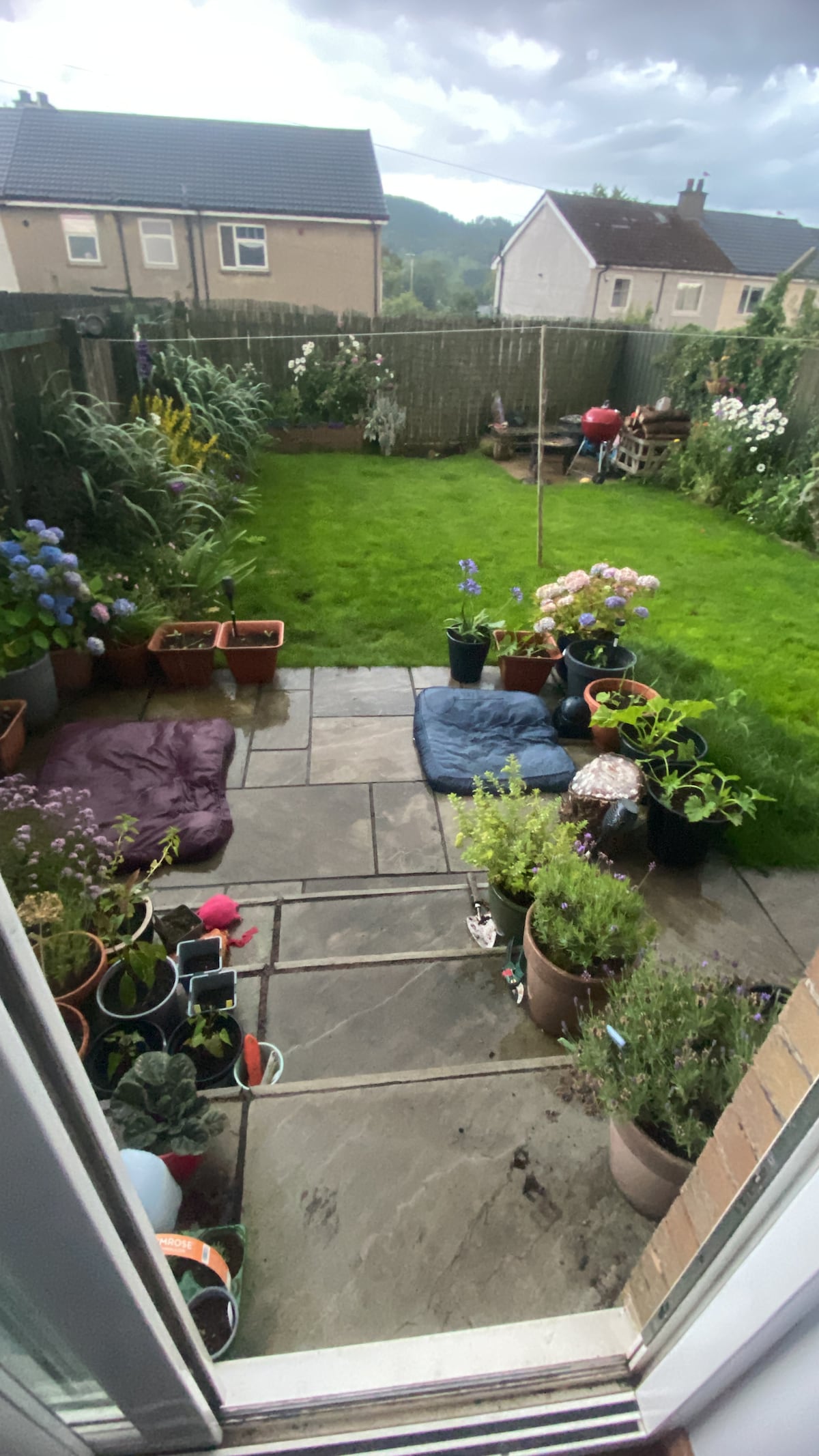 A well-maintained garden is depicted, featuring a variety of potted plants and flowers arranged along a stone patio. A grassy area occupies the center, while a fire pit and seating can be seen in the background, surrounded by fencing and trees.