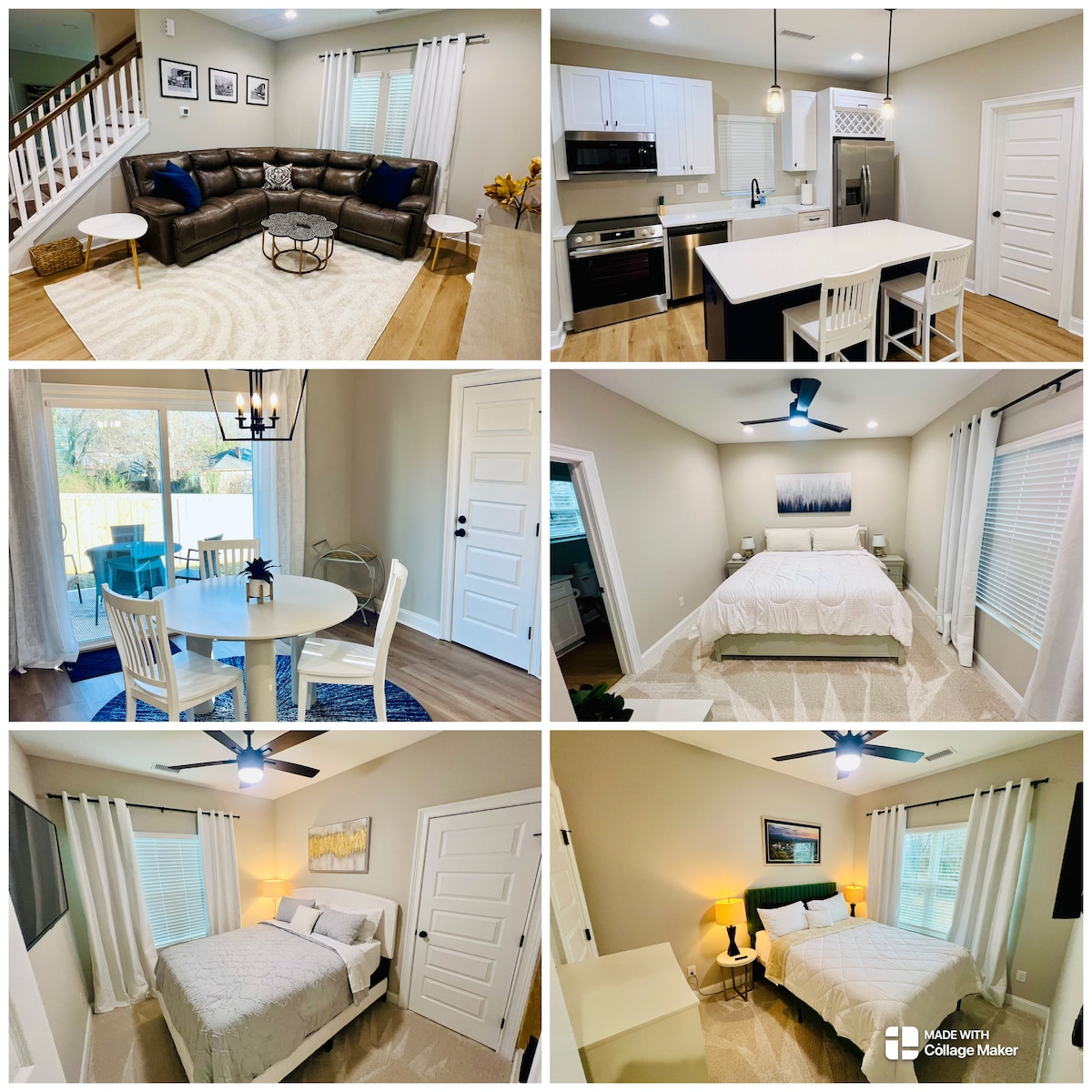 The living room features a large sectional couch positioned around a coffee table, with natural light shining through the windows. The kitchen includes modern appliances, white cabinetry, and a bar area with seating. A dining area with a round table for four is also visible.