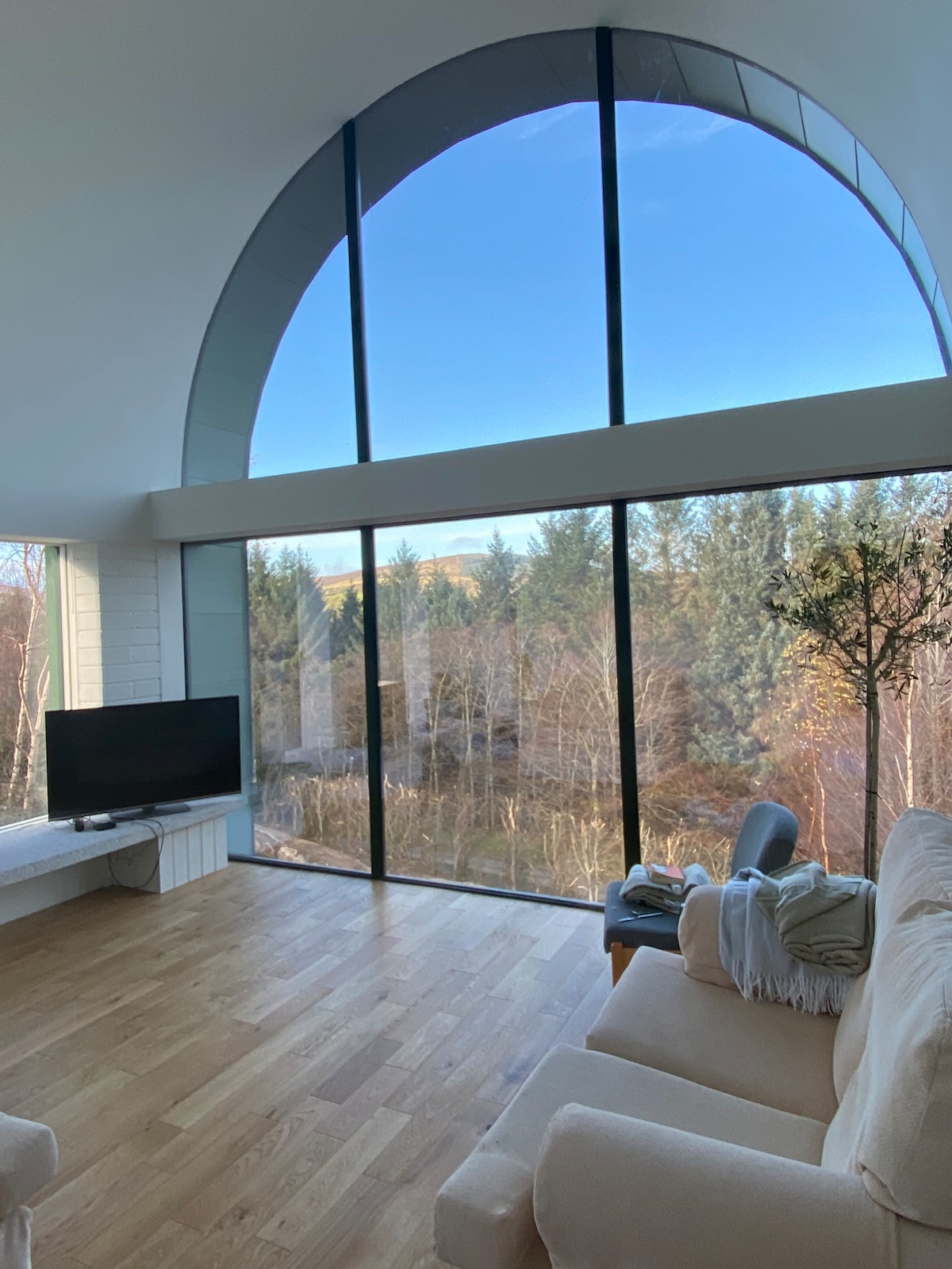 A light-filled sitting area is highlighted by a large arched window, offering views of the surrounding trees and landscape. A soft beige sofa is positioned in front of the window, with a television placed on a white side unit. Natural wood flooring adds warmth to the space.