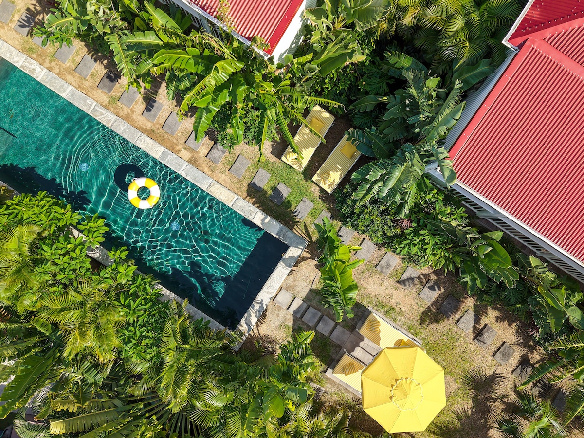 An aerial view reveals a communal swimming pool surrounded by lush greenery and tropical plants. Yellow lounge chairs are positioned along the poolside, while a vibrant yellow umbrella provides shade. The red rooftops of the lodges complement the natural setting.