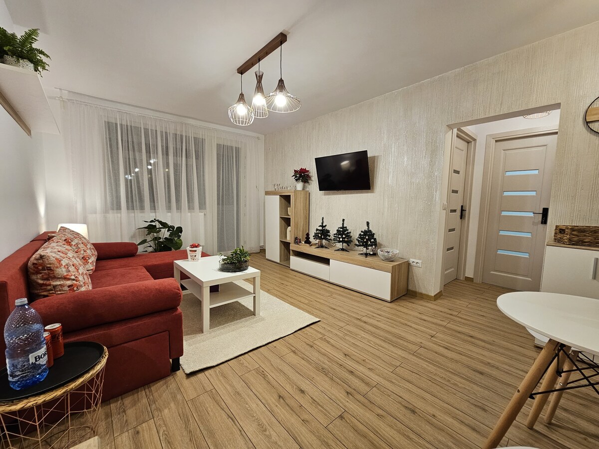 A bright living room is highlighted by a red couch adorned with decorative pillows. A coffee table is centered on a soft rug, and a television is mounted on the wall. Green plants and a light curtain add a touch of nature to the space.