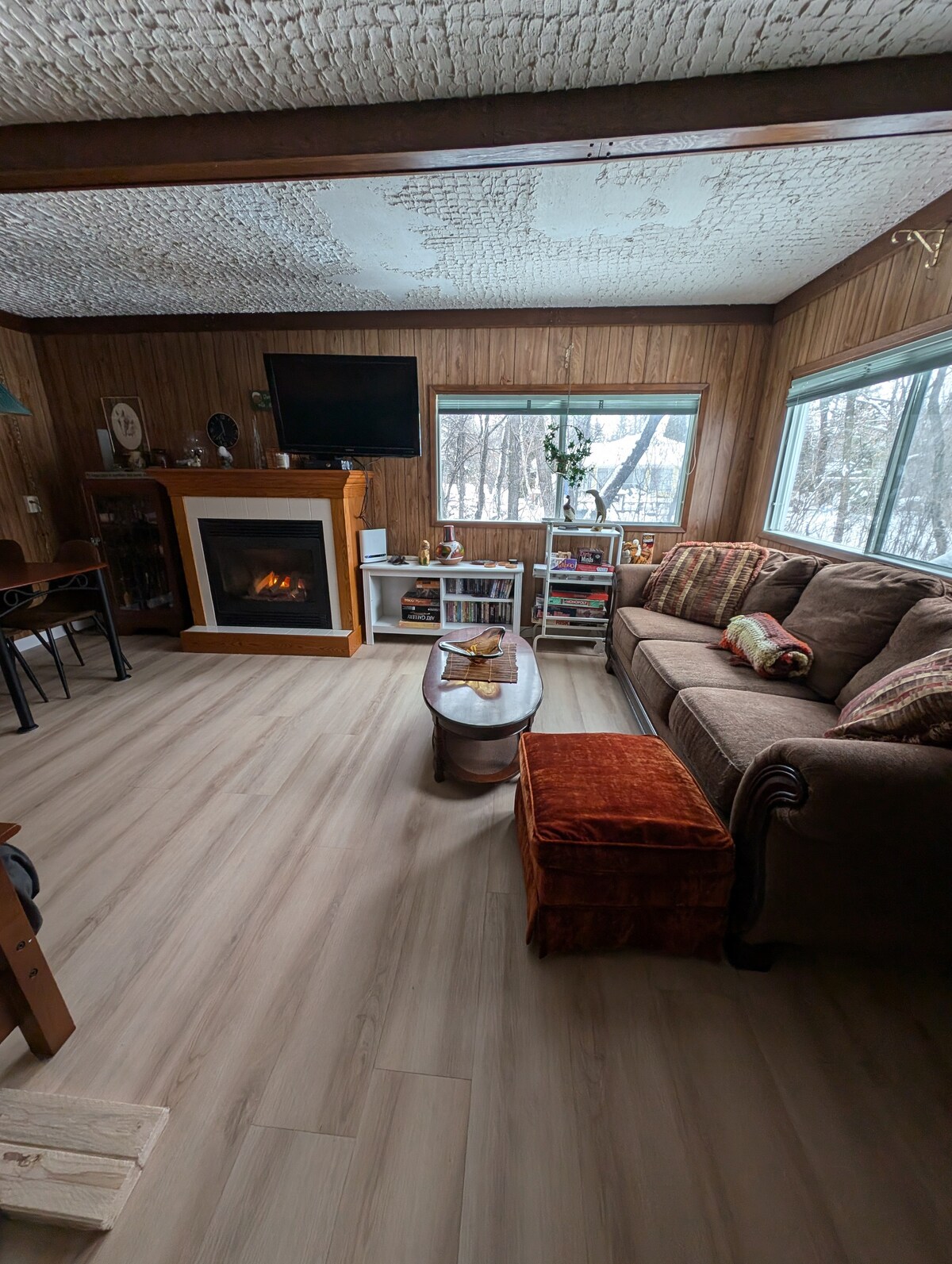 A cozy living room features a large sectional couch, a warm fireplace below a mounted television, and a coffee table at the center. Natural light enters through multiple windows showcasing a view of the outdoor scenery, while rustic wood paneling adds to the inviting atmosphere.