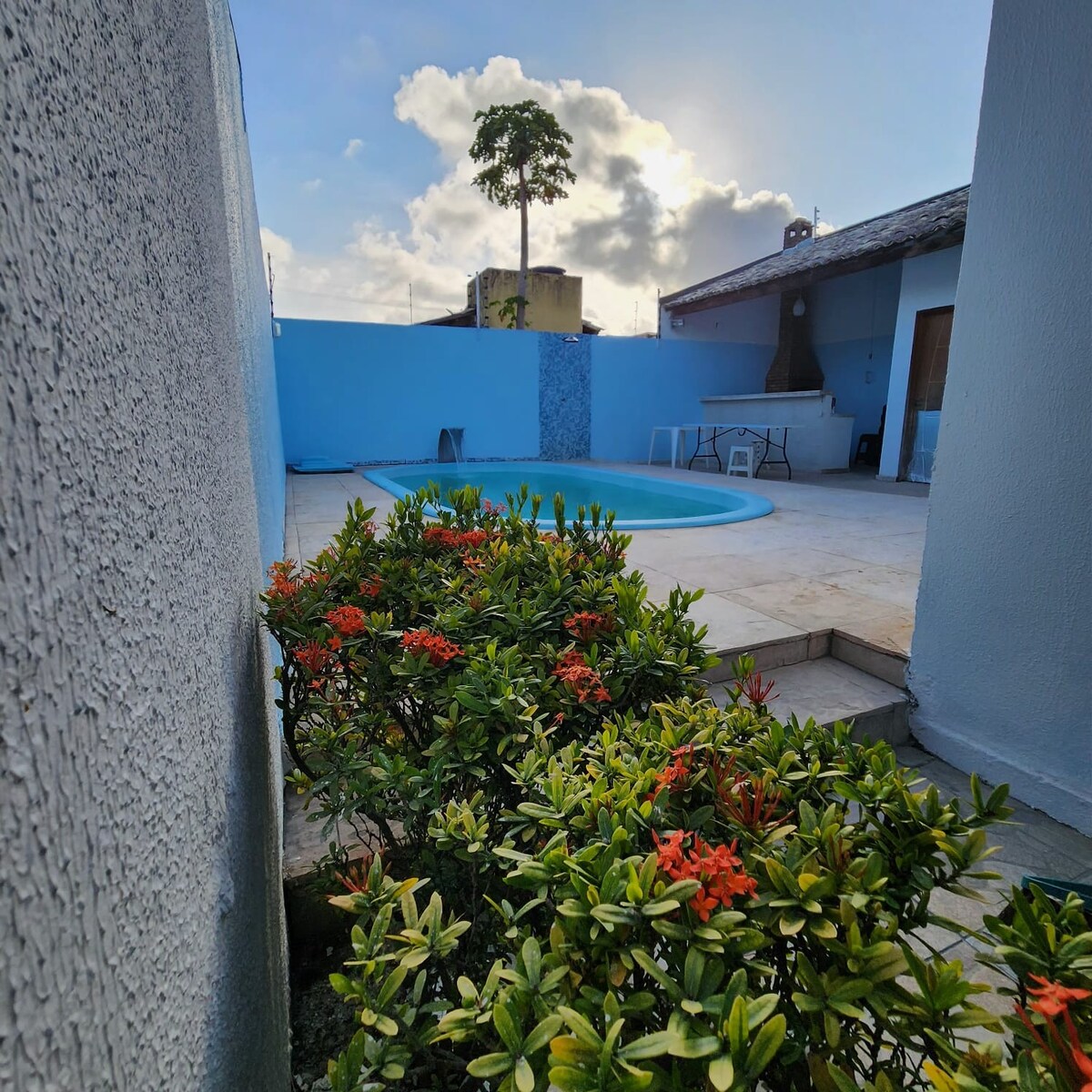 A cozy outdoor area features a private pool surrounded by tiled flooring. Colorful plants with small flowers are seen in the foreground, while a sunny sky and a tree are visible in the background, adding a sense of openness to the space.