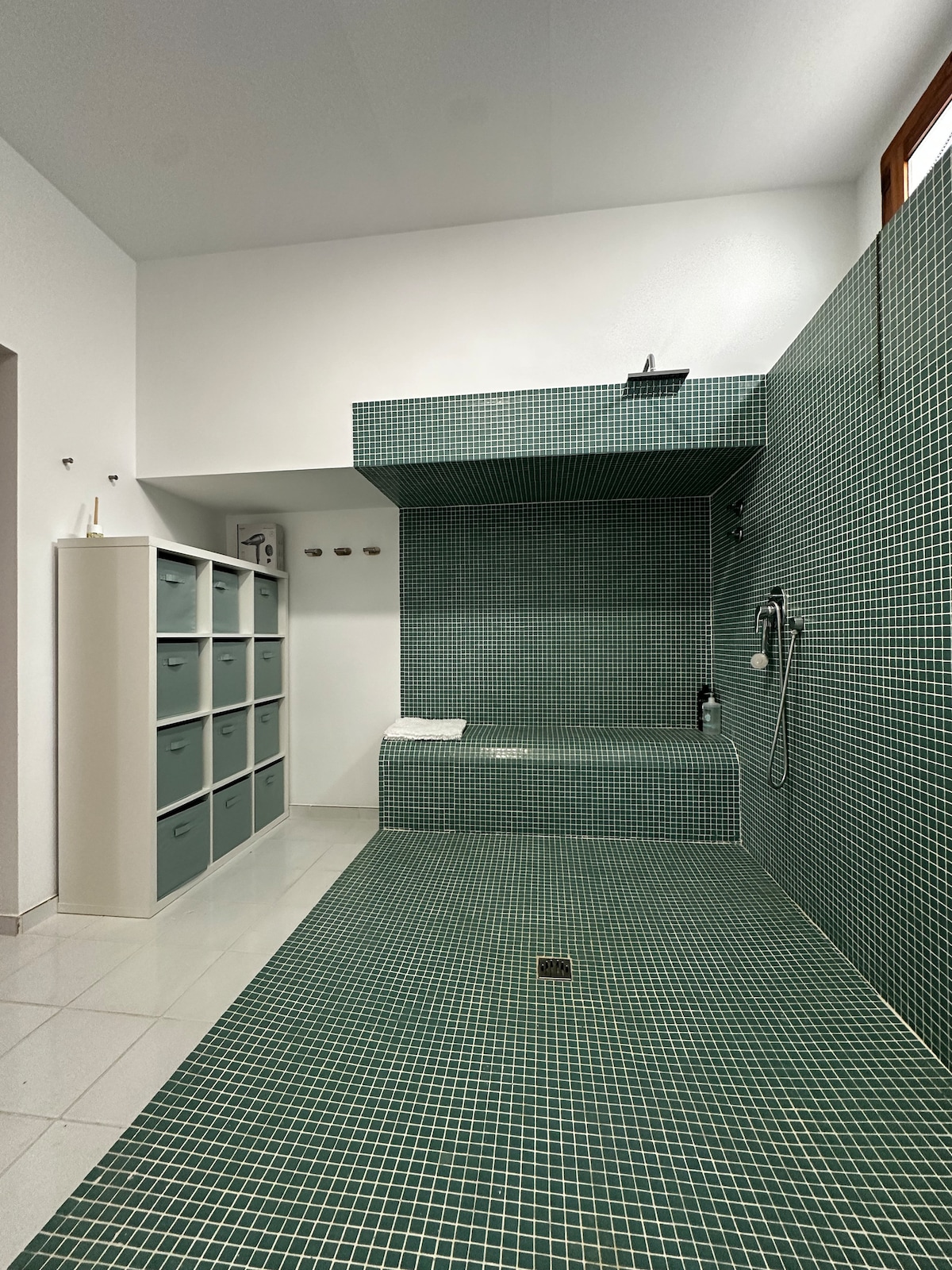 A spacious bathroom features green tiled walls and floors, providing a cohesive look. A shower area is present with an overhead showerhead. A bench is integrated into the design. Storage cabinets in a contrasting light color are positioned against one wall for convenience.