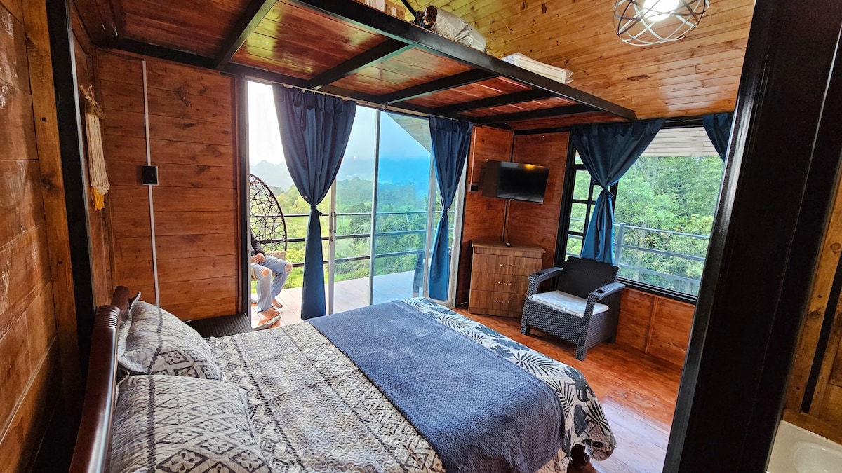 A spacious cabin bedroom features a large bed, stylish wooden walls, and large windows offering views of the surrounding nature. A comfortable seating area is present, along with a television mounted on the wall. Decorative curtains frame the windows, enhancing the relaxed ambiance.
