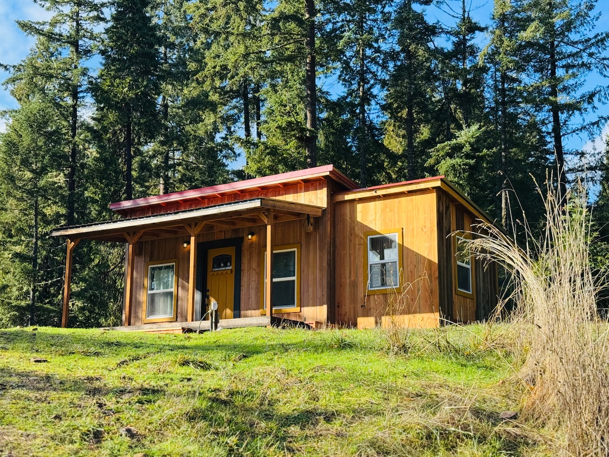 A charming cottage is nestled among tall trees, featuring natural wood siding and a welcoming red roof. Windows allow natural light to enter, with a small porch providing access to the outdoor space. The grassy area surrounding the cottage enhances the serene woodland setting.