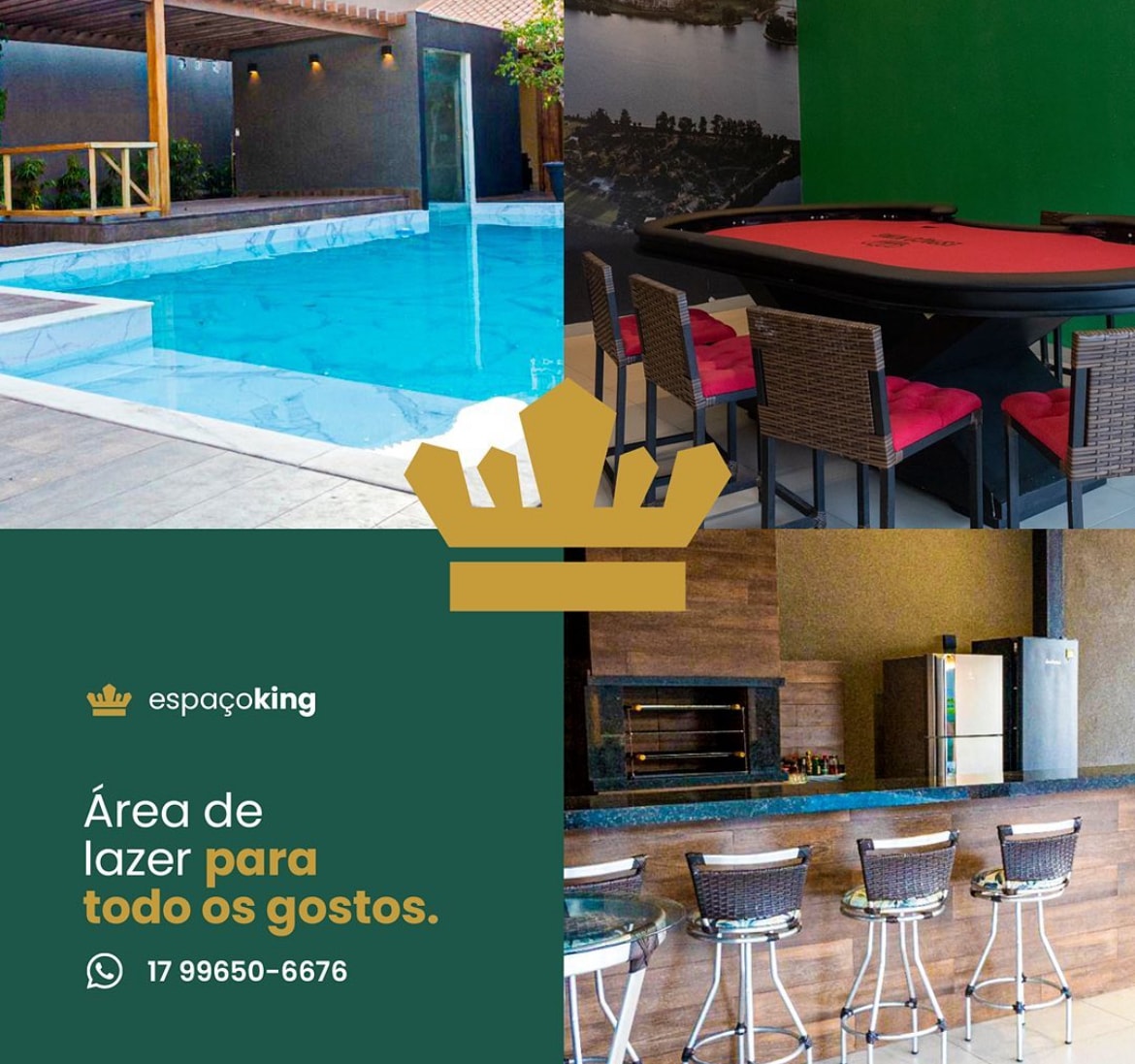 A leisure area features a refreshing pool alongside a poker table and a stylish bar counter with stools. The space is designed for relaxation and entertainment, while the background includes modern appliances, enhancing the overall functionality.