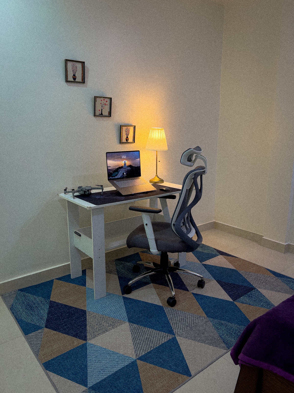 A workspace is presented with a modern desk and ergonomic chair. A laptop is positioned on the desk, accompanied by a small decorative display on the wall. Soft warm light emanates from a nearby lamp, illuminating an area rug featuring a geometric pattern in blue and beige tones.