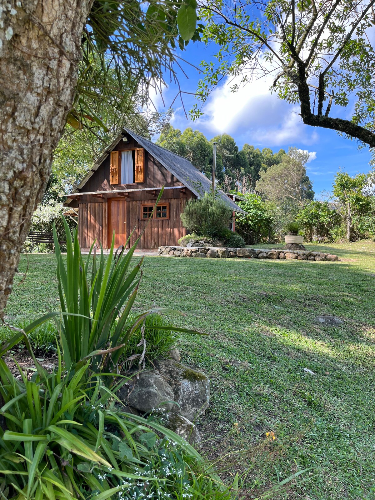 A wooden cabin surrounded by lush greenery and trees is set against a bright blue sky. A stone firepit is visible in the yard, with a well-maintained grassy area in the foreground, providing a serene outdoor atmosphere.