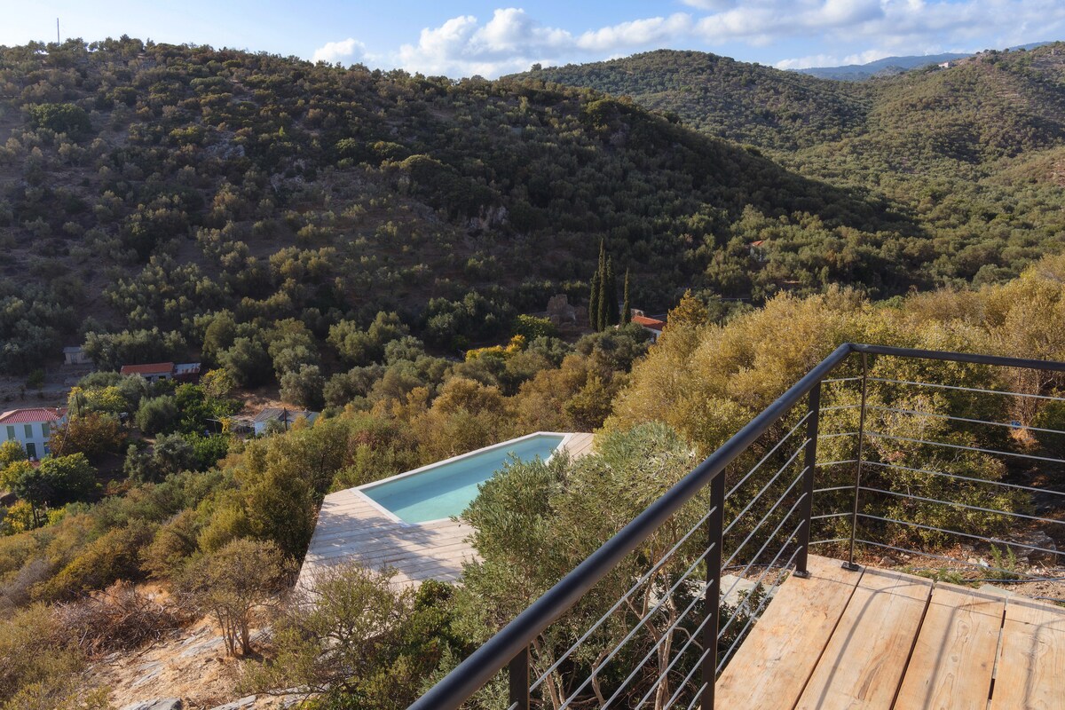 A scenic view of rolling hills filled with greenery is captured from a wooden terrace. A rectangular plunge pool can be seen nestled among the landscape, offering an inviting spot for relaxation amidst nature.