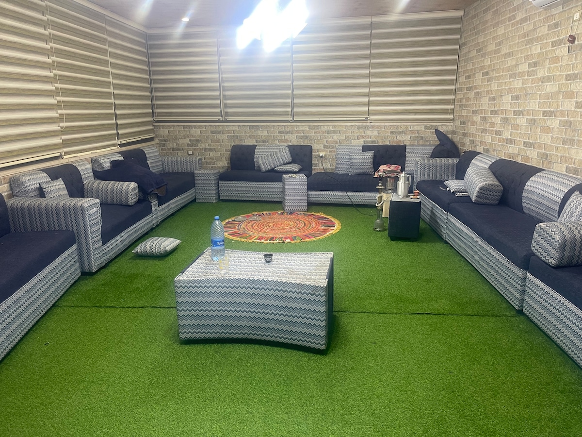 A relaxed lounge area features ample seating with patterned sofas arranged around a central circular rug. A green artificial turf covers the floor, and a coffee table adds functionality to the space. Soft lighting is provided by overhead fixtures, creating a cozy ambiance.