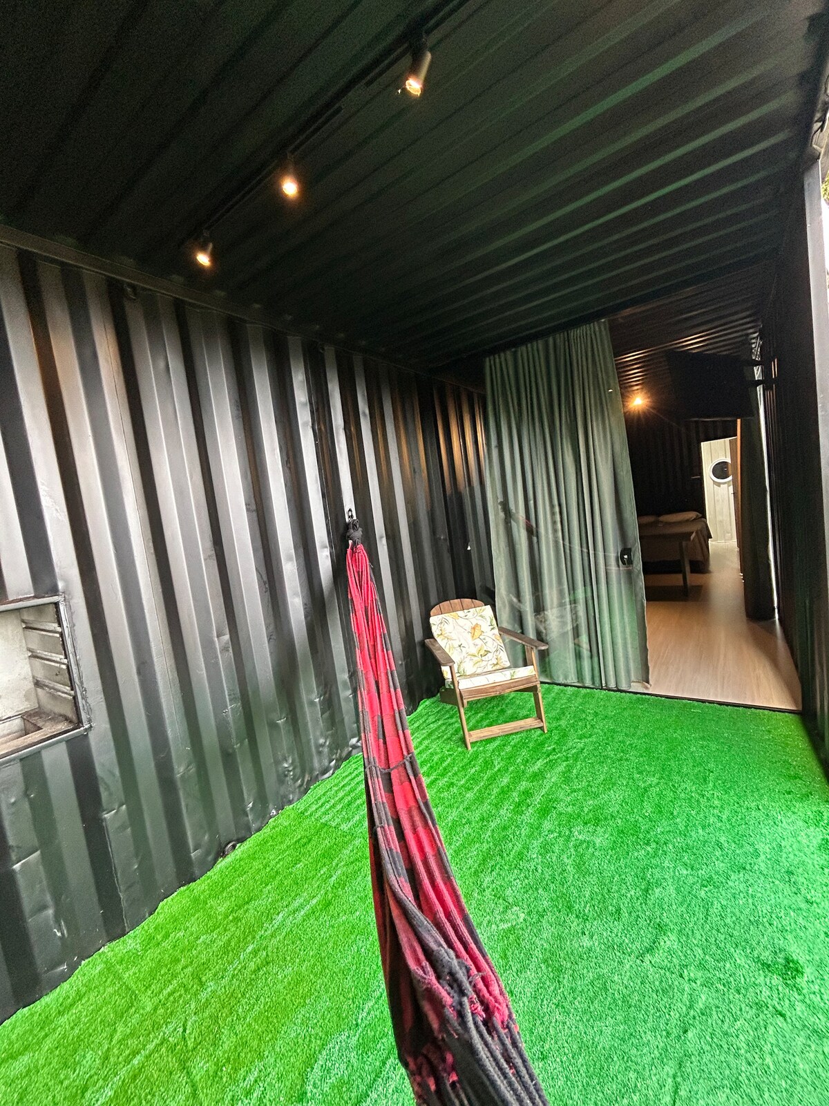 An indoor space features a green carpeted floor, creating a cozy environment. A chair with a patterned cushion is positioned near a curtain, while a hammock hangs from the ceiling. Visible in the background is a doorway leading to another room.